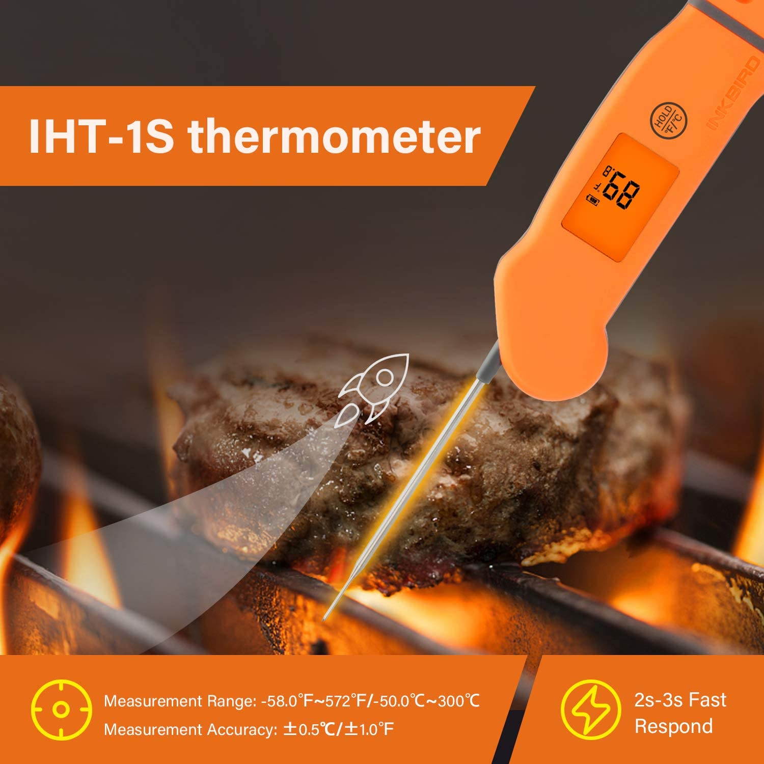 Inkbird Meat Thermometer IHT-1S Instant Read Thermometer Waterproof Digital Cooking Thermometer with Gravity Sensor,Automatic Rotating Display,Auto-on/Off,Auto Restart for Kitchen, Cooking,BBQ,Smoker