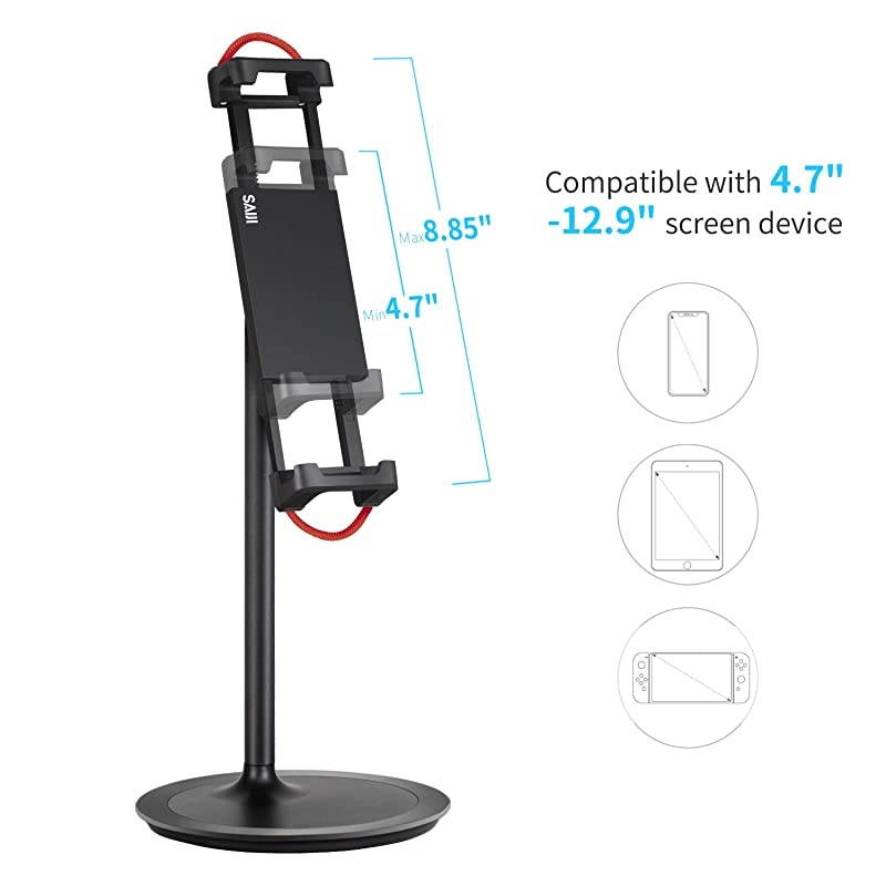 Tablet Ipad Stand Holder,  Adjustable Phone Stand, 360 Degree Rotating, Aluminum Alloy Cradle Desktop Holder Dock for 4.7"-12.9" Screen Phones, iPad, Nintendo Switch, Kindle, eBook Reader (Black)