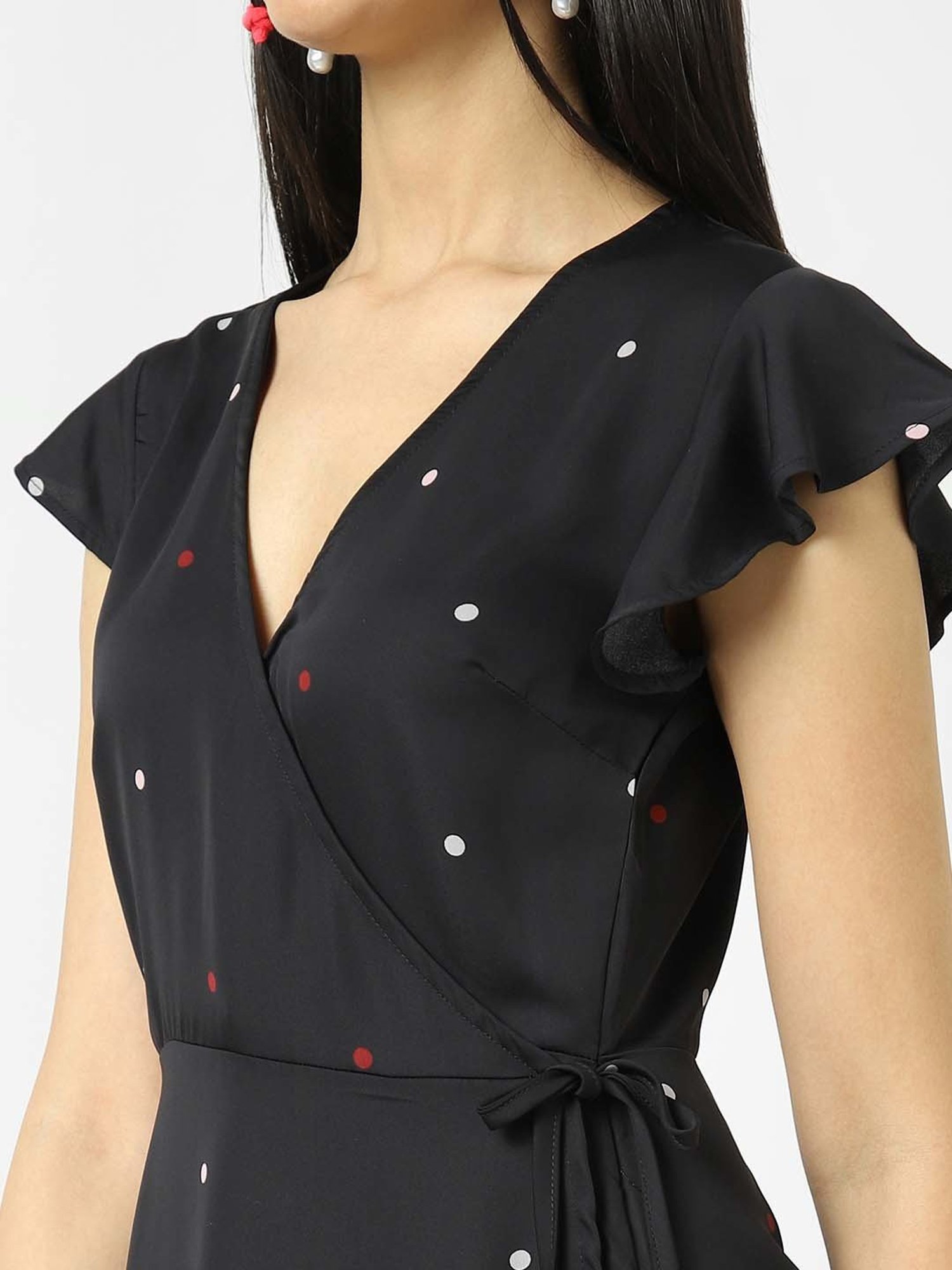 VASTRADO Black Polka Dots A-Line Wrap Dress