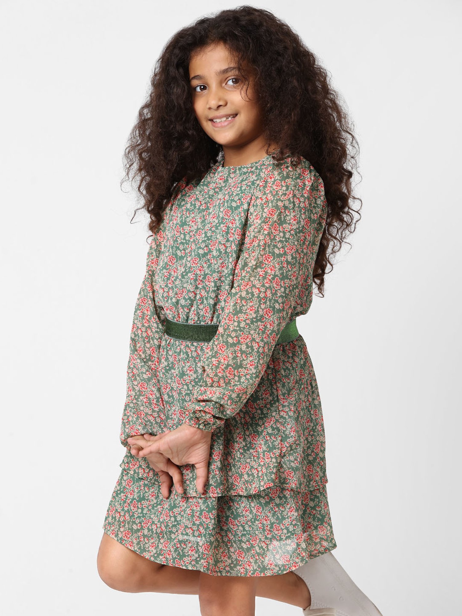 KIDS ONLY Dark Green Floral Print Full Sleeves Dress