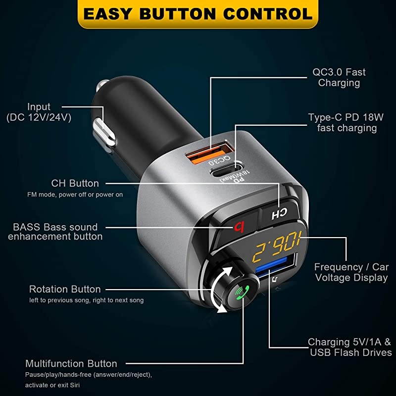 Bluetooth 50 FM Transmitter for Car QC30+TypeC PD 18W Wireless Bluetooth FM Radio Adapter Bass Sound Music Player FM Car Kit with Handsfree Calling and 3 USB Ports Charger Support USB Drive