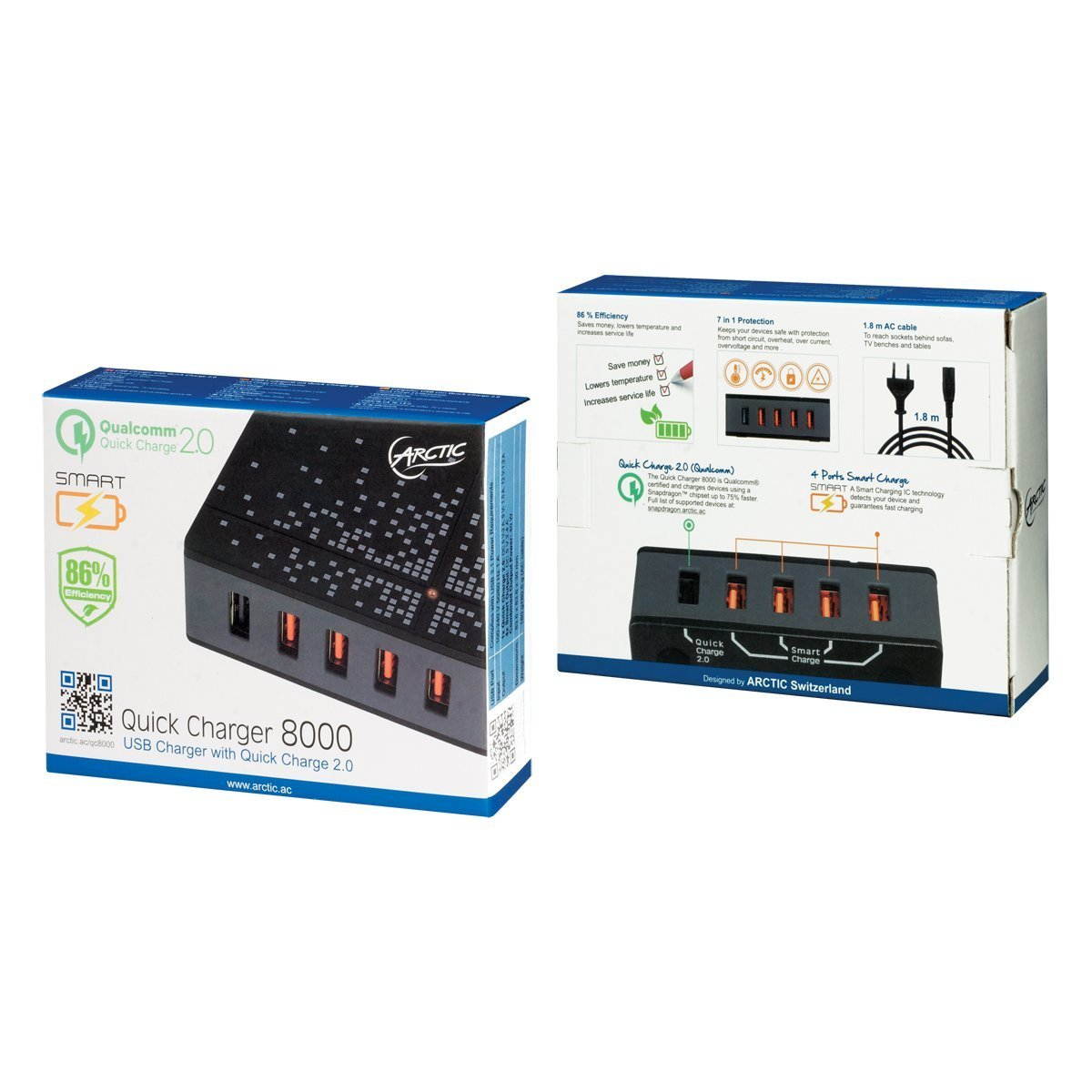 ARCTIC Quick Charger 8000, 5 port USB desktop charger with Quick Charge 2.0 by Qualcomm, 40 Watts combined output, Compatible with all smartphones, tablets and USB devices Model APWCH00016A