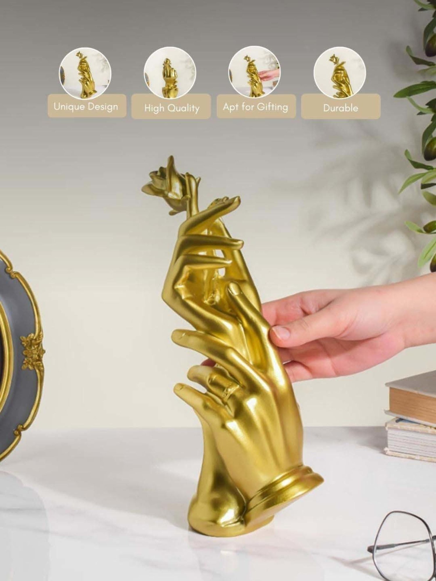 eCraftIndia Golden Handcrafted Engraved Palm Buddha Decorative Showpiece