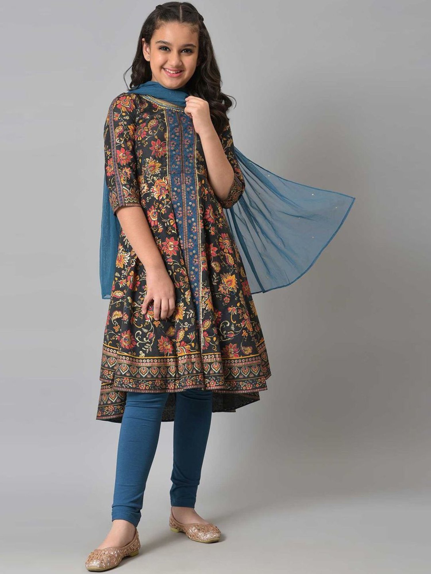 Aurelia Kids Black & Blue Floral Print Kurta Set