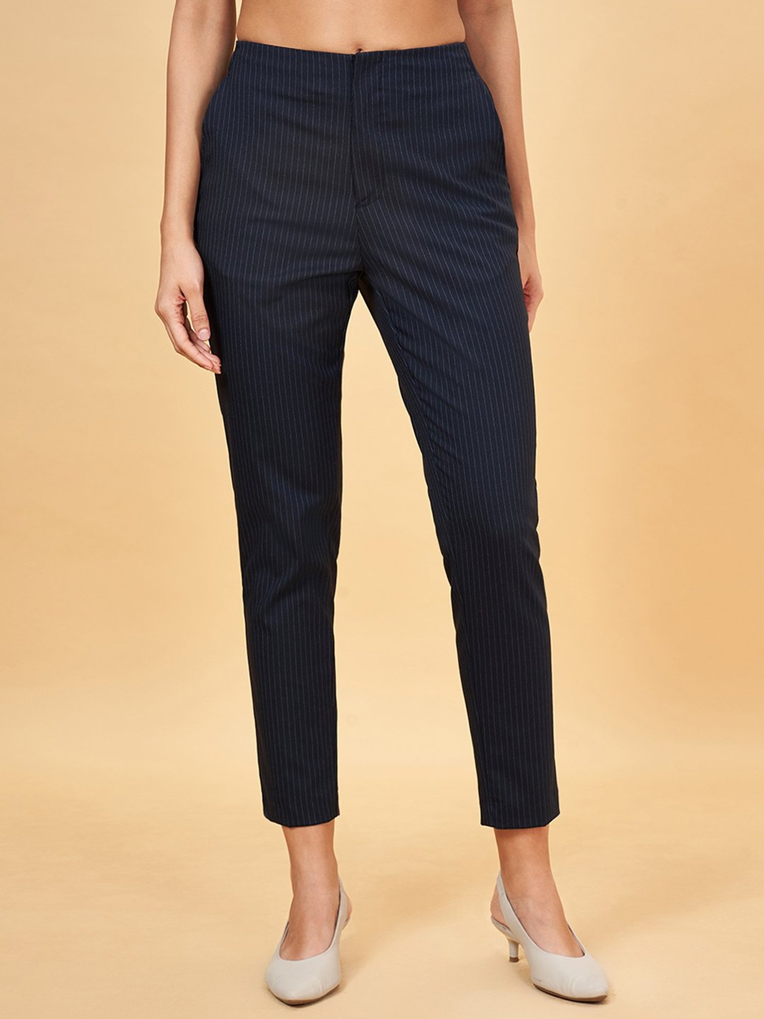 Annabelle by Pantaloons Black Striped Formal Trousers