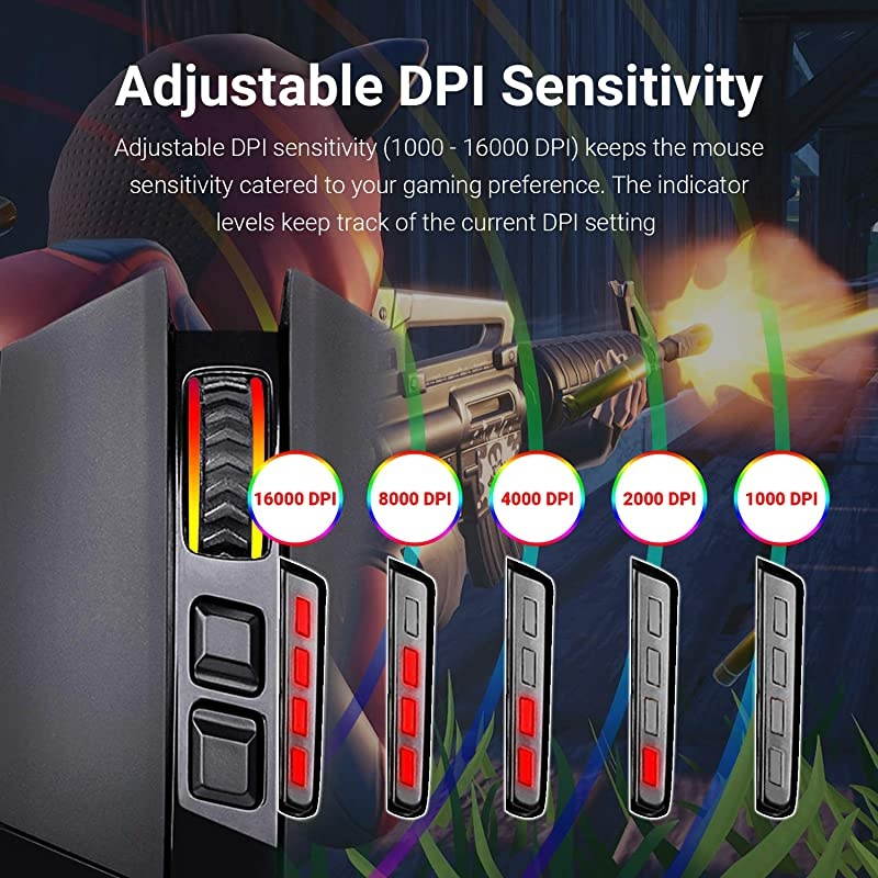 M801 PC Gaming Mouse LED RGB Backlit MMO 9 Programmable Buttons Mouse with Macro Recording Side Buttons Rapid Fire Button for Windows Computer Gamer Wireless Black