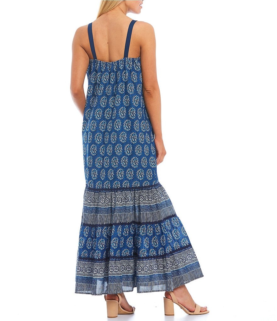Chelsea & Violet Tiered Printed Cotton Lawn Ankle Length Square Neck Sleeveless Maxi Dress