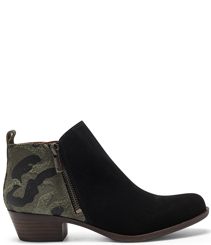 Lucky Brand Basel Camo Printed Suede Side Zip Block Heel Ankle Booties