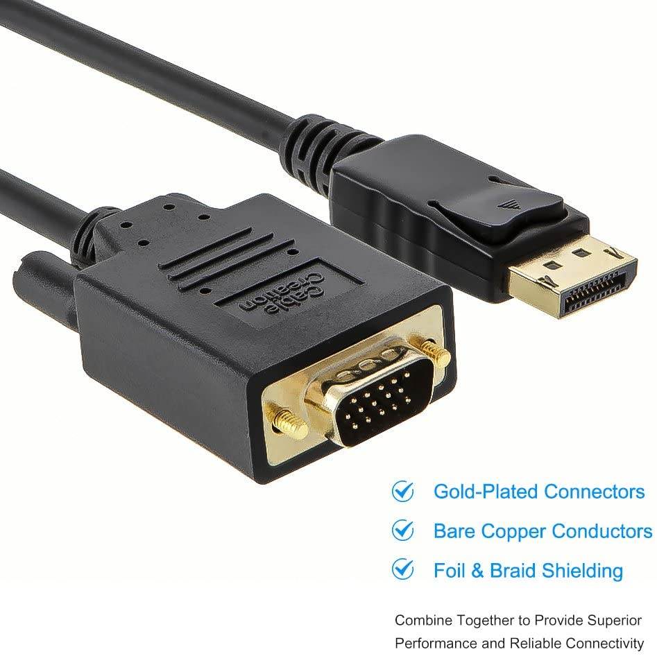 Displayport to VGA Cable 6ft,  DP to VGA Cable Gold Plated, Standard DP Male to VGA Male Cable Black Color