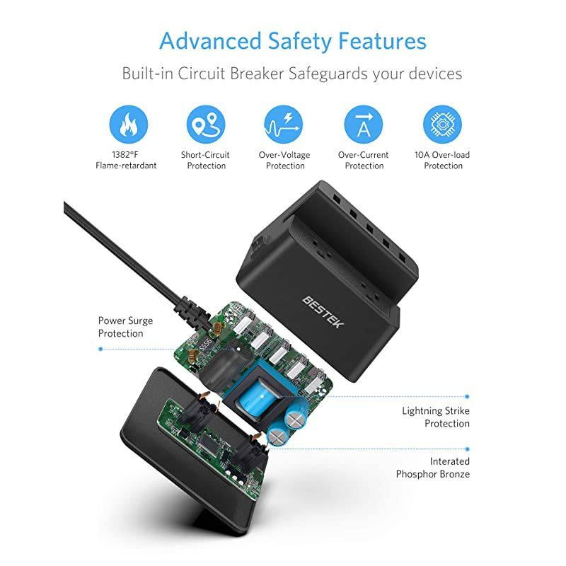 40W 8A 5-Port USB Charging Station 1700 Joule 2-Outlet Power Strip Surge Protector with 5-Feet Cord, Black