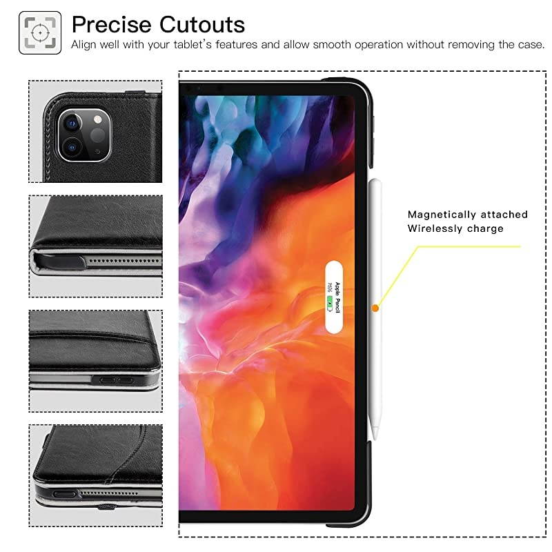 for New iPad Pro 12.9 Case 2020, Leather Folio Stand Case Smart Cover with Auto Sleep/Wake Strap Pocket Supports iPad Pencil Charging for 2020 iPad Pro 12.9 Inch 4th Generation - Black