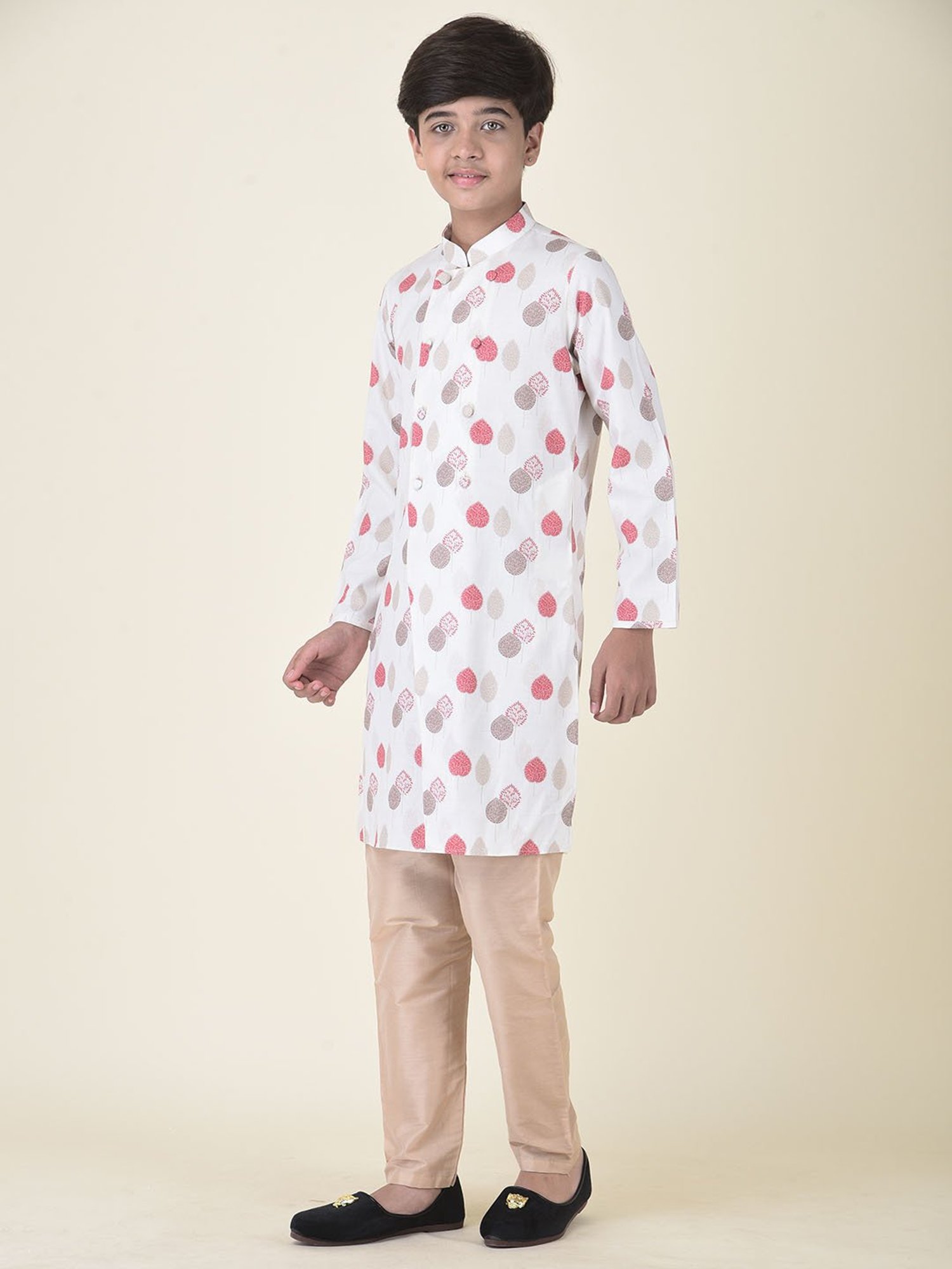 TABARD Kids White & Cream Printed Kurta + Pyjamas