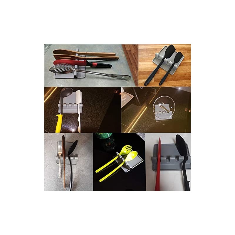 Kitchen Utensil Rest，BPA-Free Silicone Spoon Rest & 4 Slots Heat-Resistant Ladle Spoon Spatula Holder, Gray