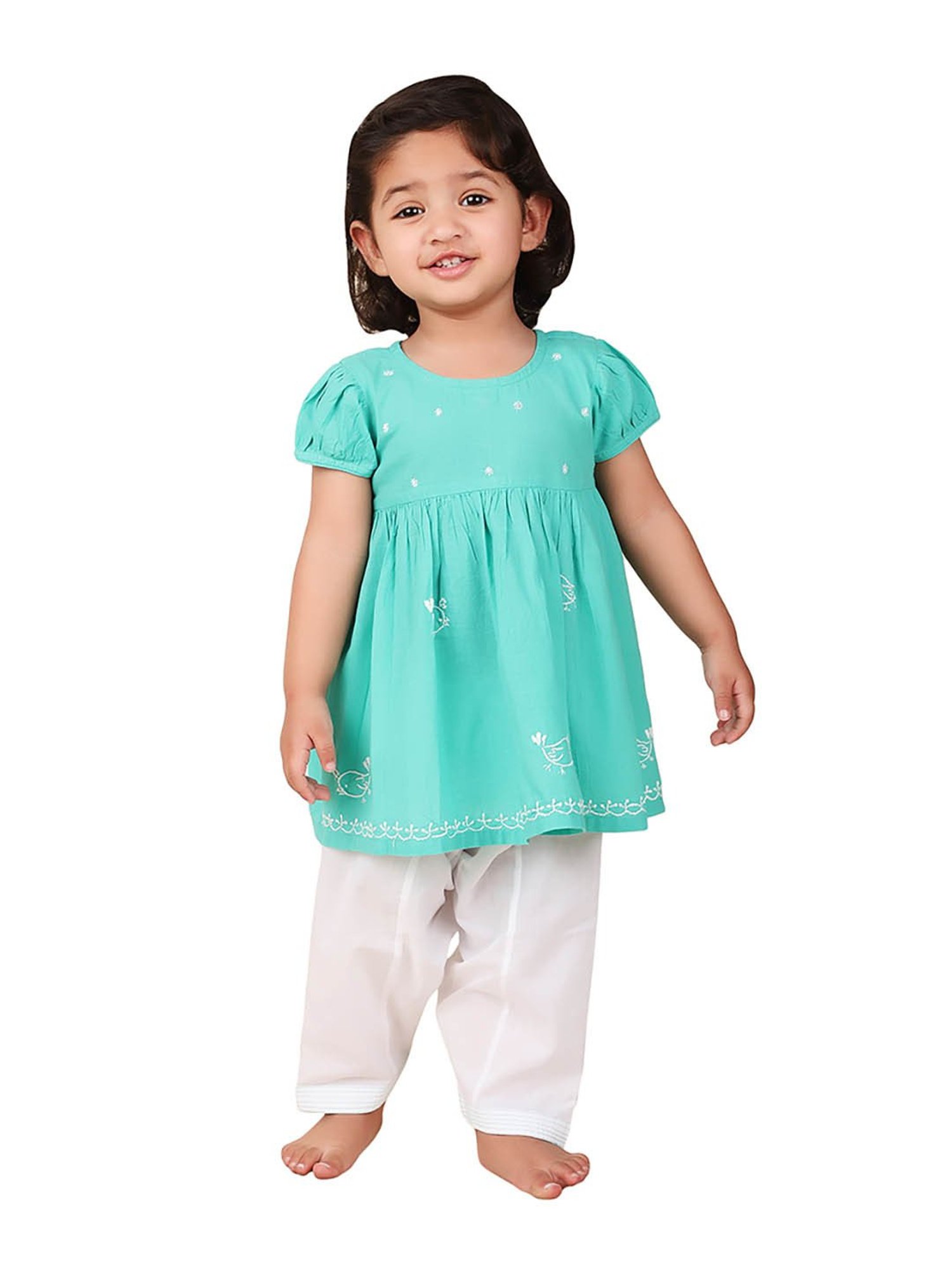Fabindia Kids Light Blue & White Embroidered Kurta with Salwar