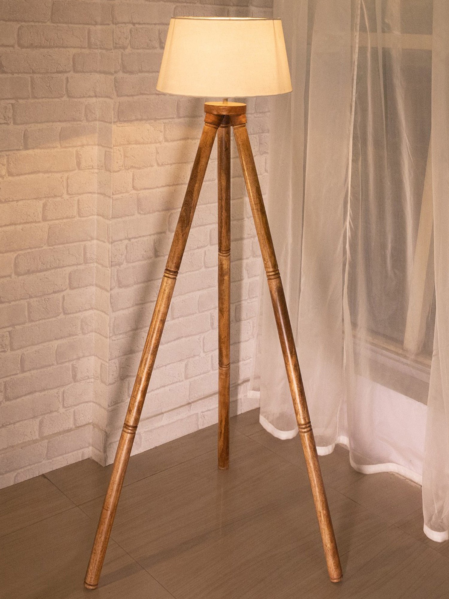 Homesake 'Tripod' White & Brown Wood Tall Floor Lamp With Shade & Bulb - Set of 1