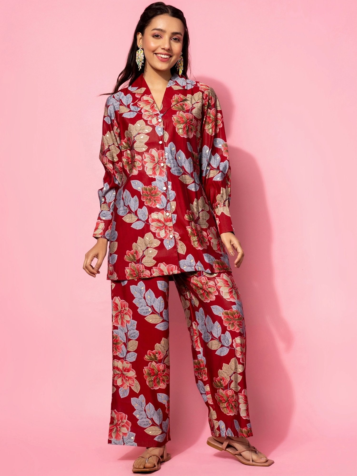 Libas Maroon Printed Silk Blend Co-Ords