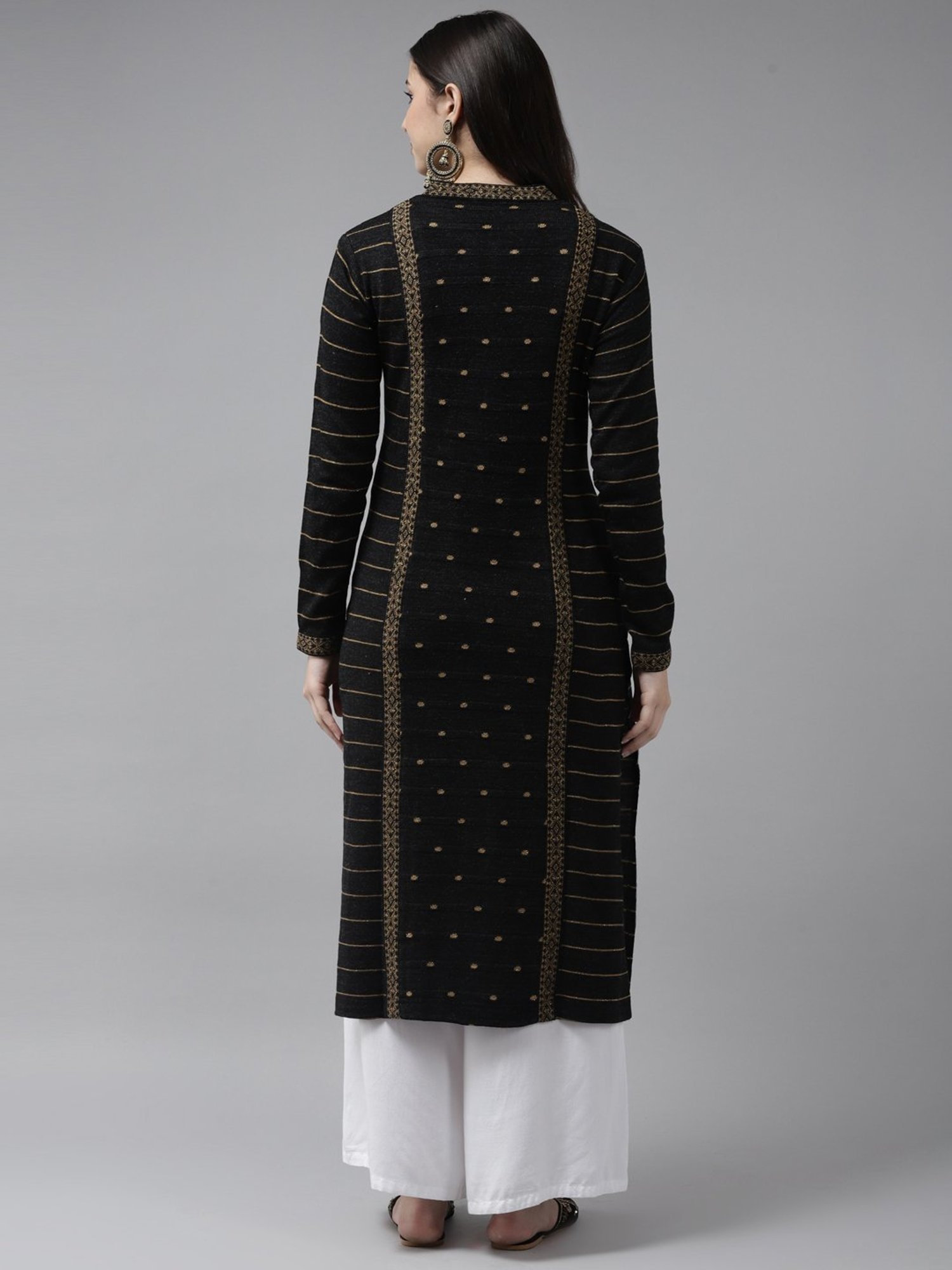 Cayman Black Wool Striped Straight Kurta