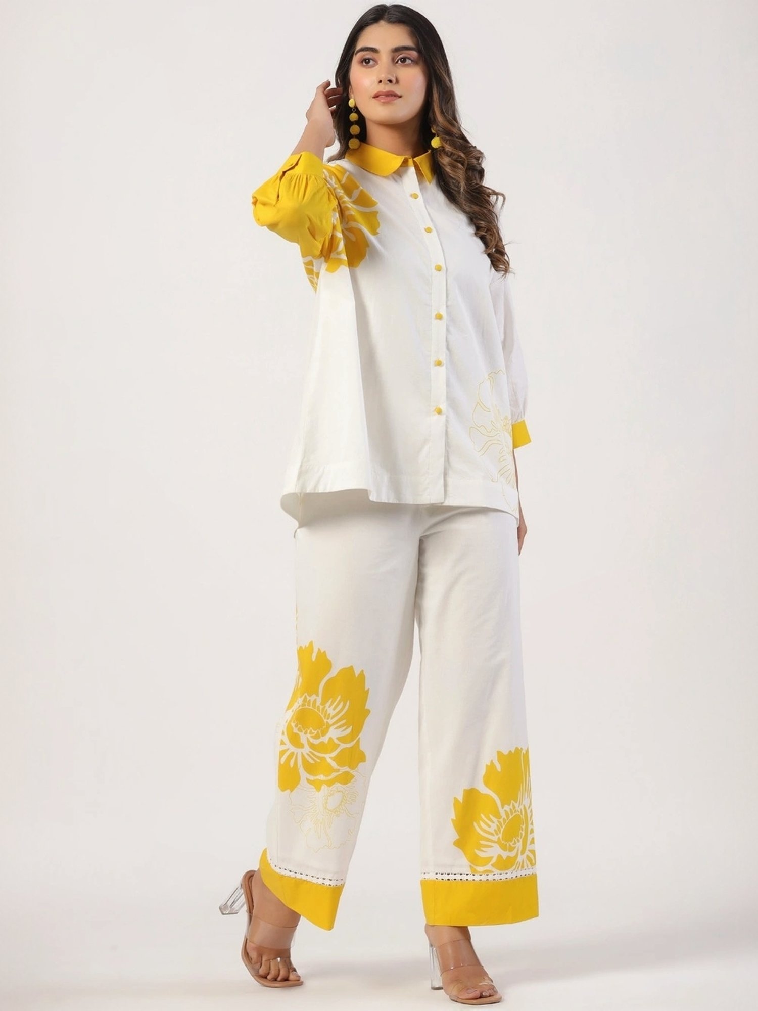 Zolo Label White Cotton Floral Print Shirt Palazzo Set