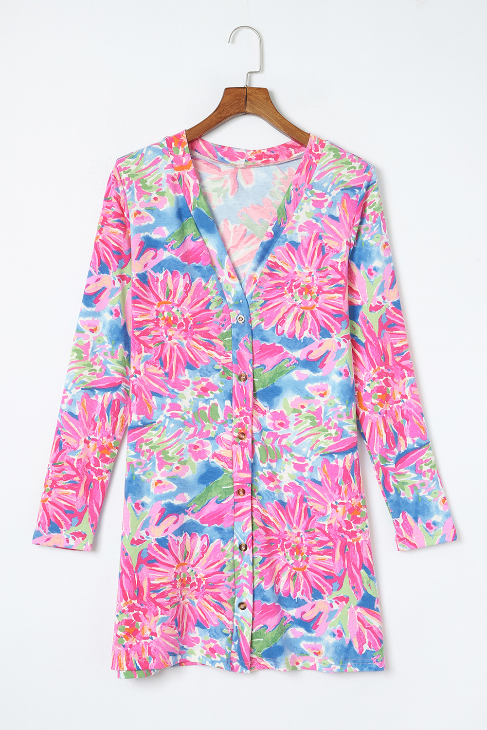 Pink Flower Print Long Sleeve Button Up Cardigan