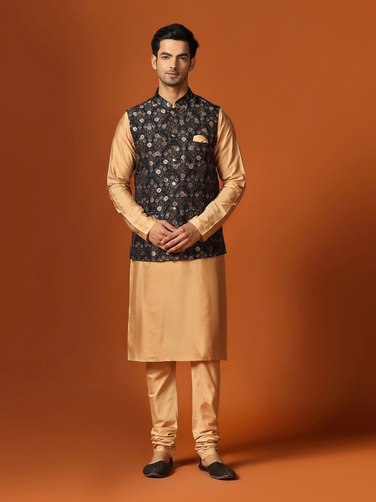 KISAH Black Regular Fit Printed Kurta Set With Jacket