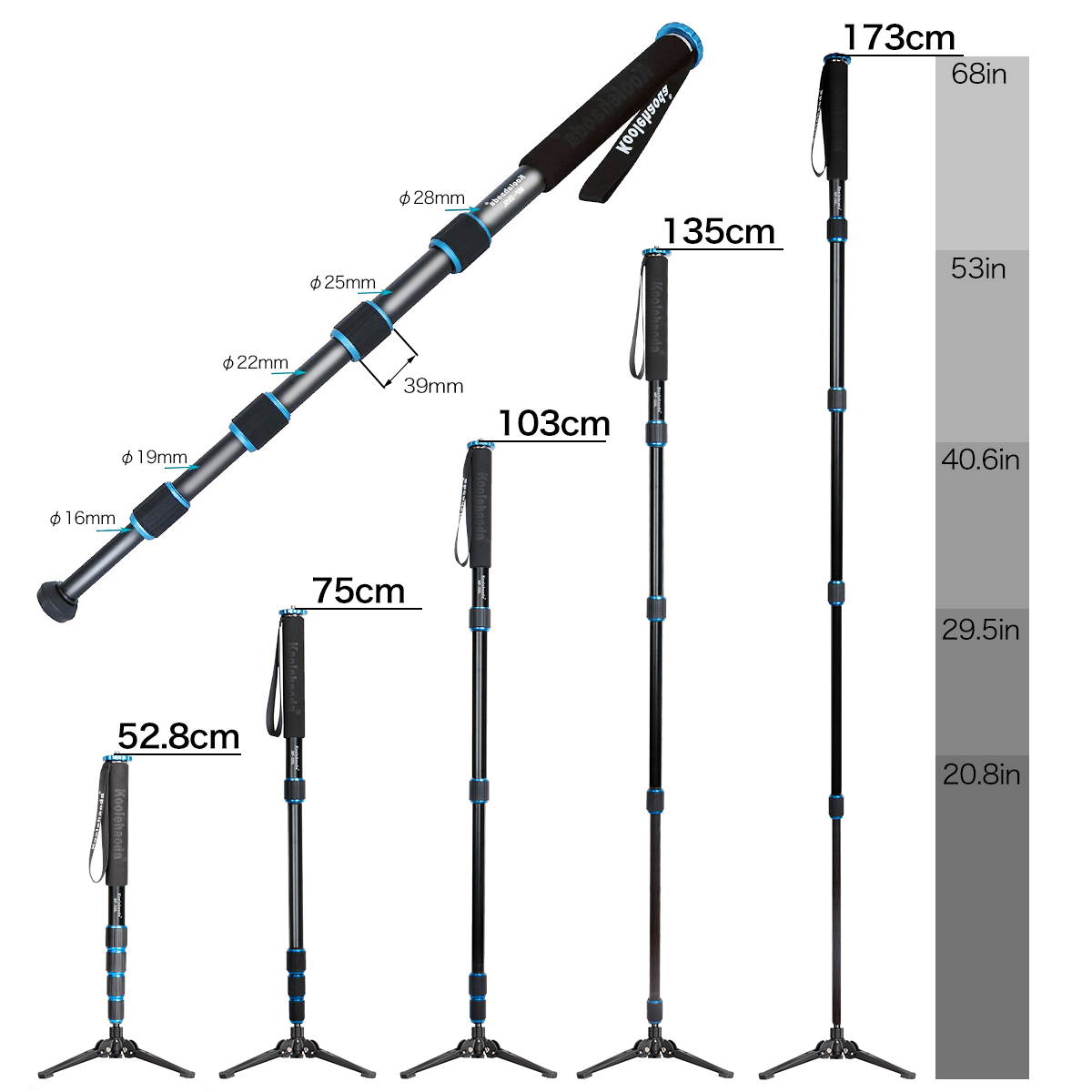 koolehaoda 68-Inch Professional Camera Monopod with Folding Metal 3 Legs Support Base, 17.6 lbs Load Capacity(MP-285L+M3)