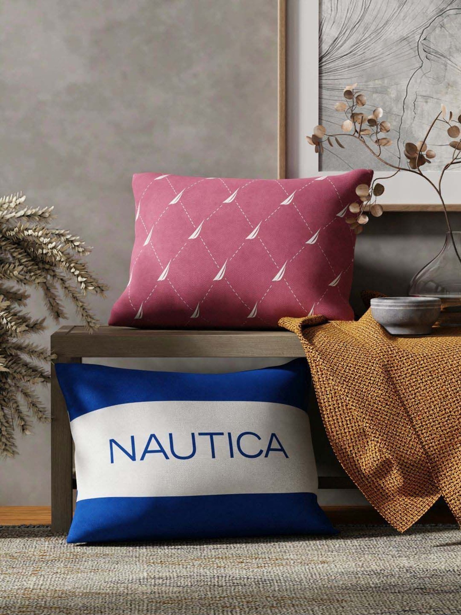 Nautica Logo Stripe Dull Pink & Blue Microfibre 300 GSM Premium Cushion Covers - Set of 2