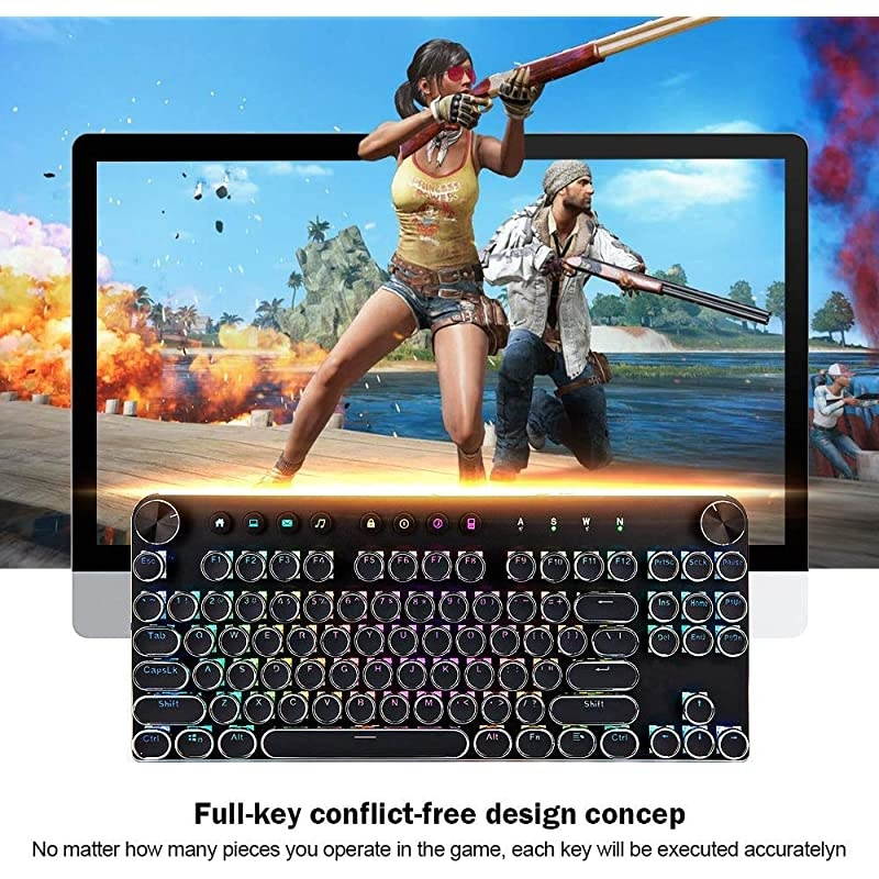 Mechanical Gaming Keyboard Anti Ghosting Computer Keyboard USB Wired Retro Keyboard with 87 Keys Alloy Panel RGB LED Backlit 18 Kinds of Backlight Modes Media Controls