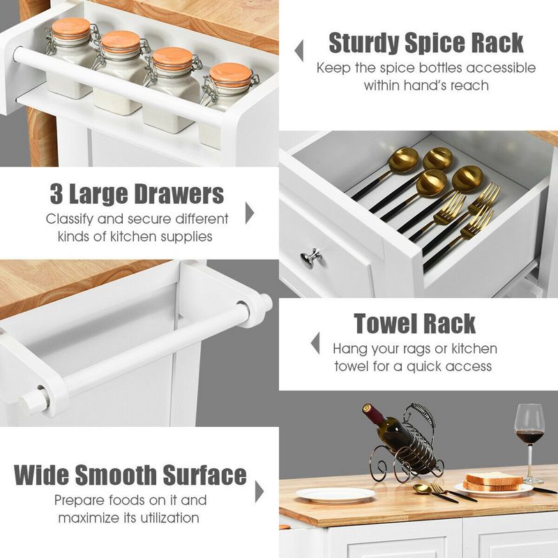 Costway Drop-Leaf Kitchen Island Trolley Cart Wood Storage Cabinet w/ Spice Rack White