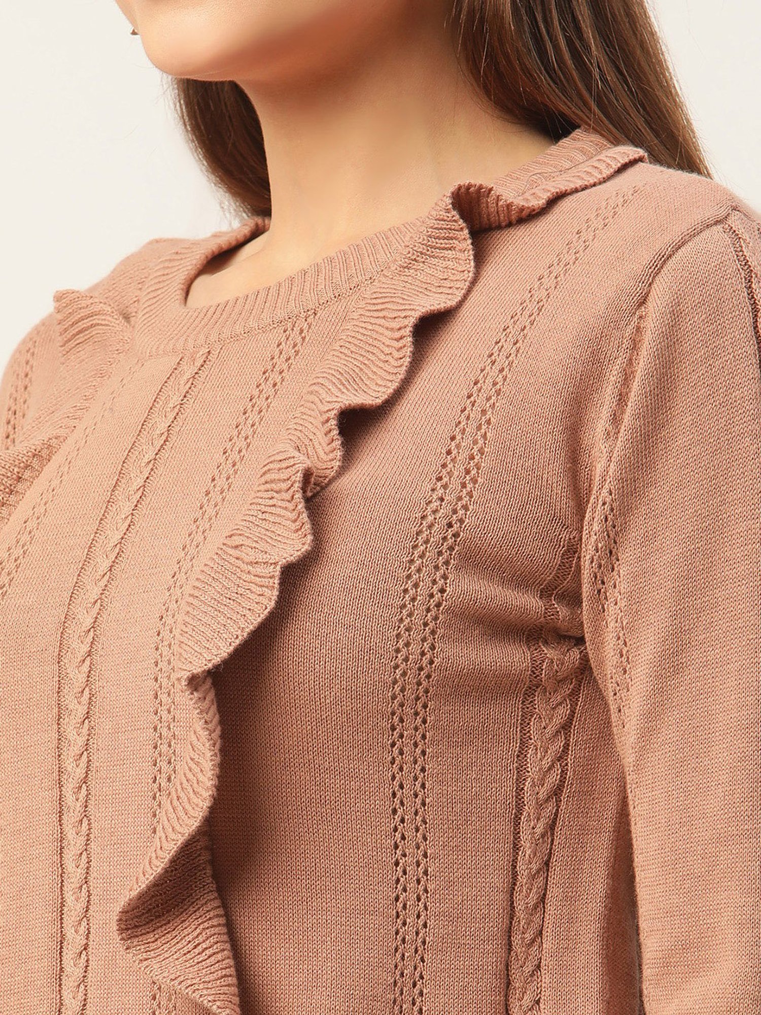 Elle Light Brown Round Neck Sweater