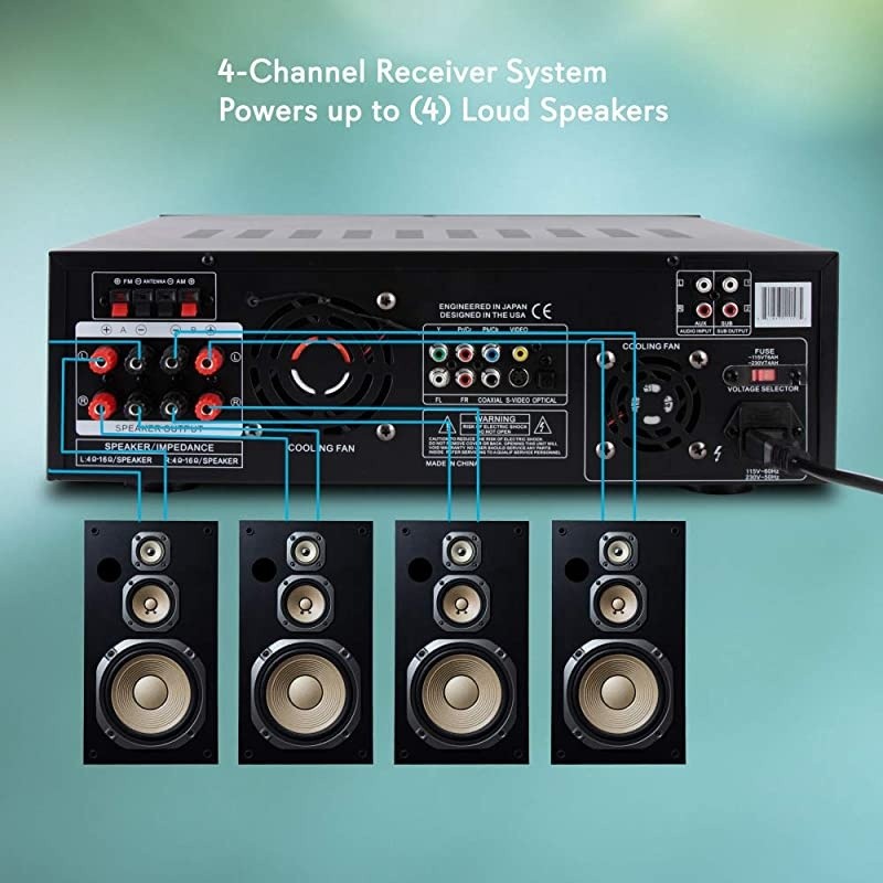 4-Channel Home Theater Bluetooth Preamplifier - 3000 Watt Stereo Speaker Home Audio Receiver Preamp w/ Radio, USB, 2 Microphone w/ Echo for Karaoke, CD DVD Player, LCD, Rack Mount -  PD3000BT