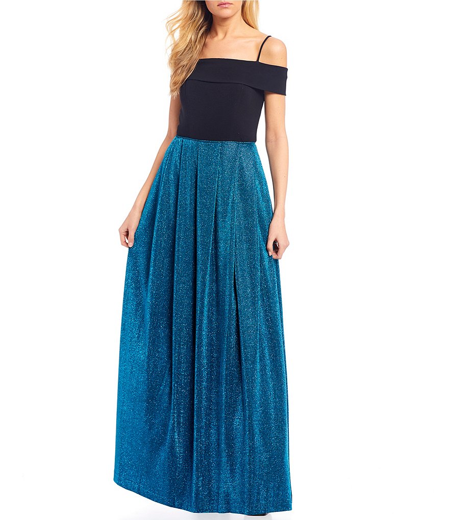 Morgan & Co. Off-The-Shoulder Cap-Sleeve Metallic Shimmer Long Dress