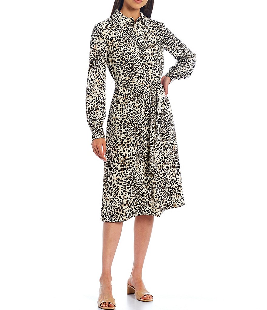 LDT Adrienne Feline Long Sleeve Belted Midi Dress