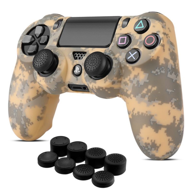 PS4 / Slim / Pro Controller Skin Grip Cover Case Set - Protective Soft Silicone Gel Rubber Shell & Anti-slip Thumb Stick Caps for Sony PlayStation 4 Controller Gaming Gamepad (Camo Mosaic Yellow)