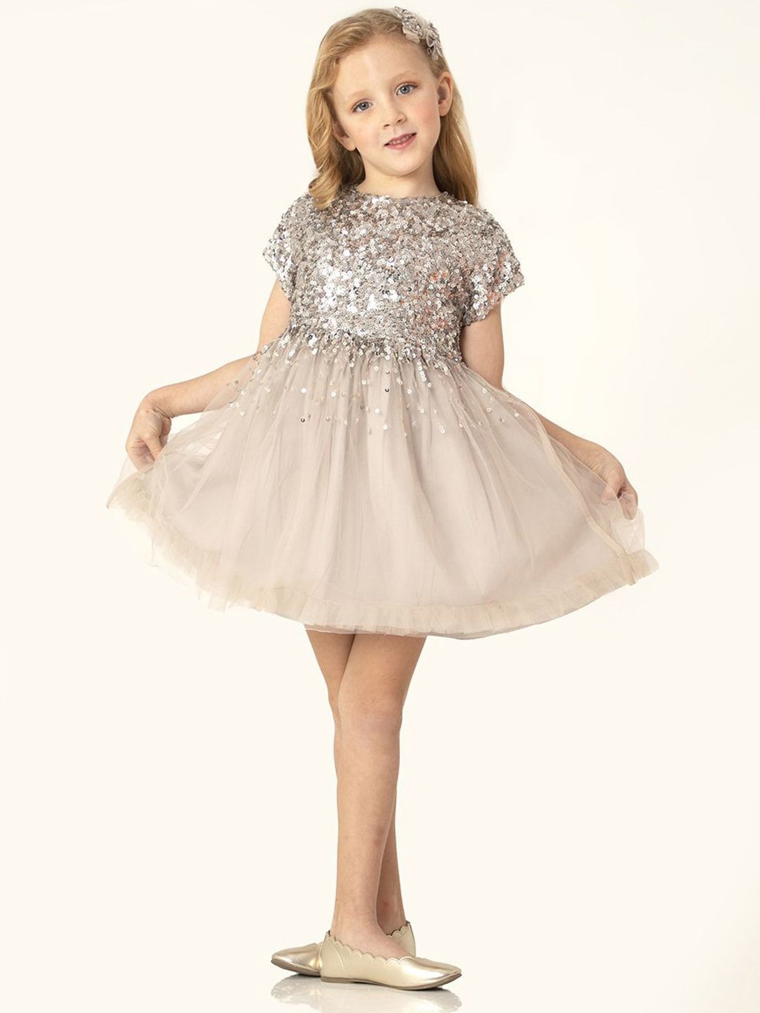 Cherry Crumble By Nitt Hyman Kids Grey Embellished Dress, Bow With Clip