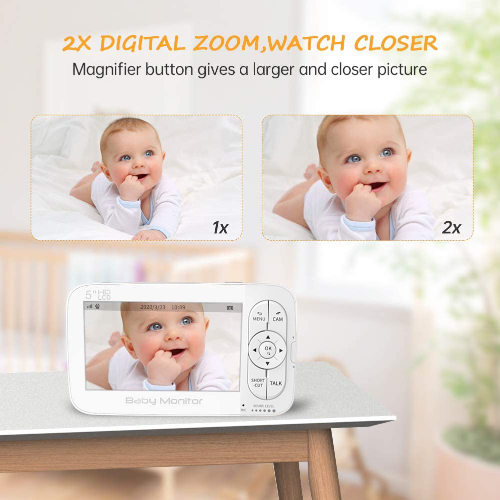 Baby Monitor, AUTENS 720P 5 Inch HD Display Video Baby Monitor with Camera and Two Way Audio, Auto Night Vision, Remote Pan/Tilt/Zoom, 5 Lullaby Music,Temperature & Sound Alarm, For Baby/Elder/Pet