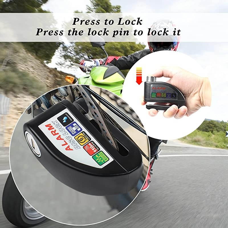 Disc Brake Lock, Anti-Theft Motorcycle Accessories Ultra 110db Alarm Disc Lock Motorcycle Lock 6mm Pin Keys Scooters Bikes Bicycle (Black)