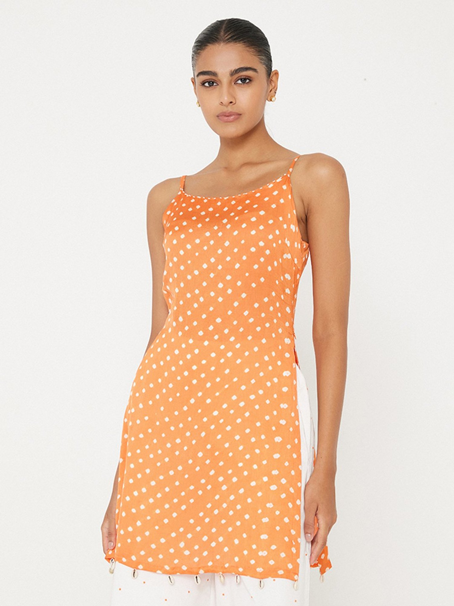 ANCESTRY Orange Bandhani Print Straight Kurti