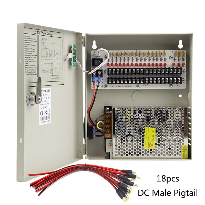 18 Channel 12 Volt DC Output CCTV Distributed Power Supply Box for Security Camera with 18 Pcs. DC Male Pigtail