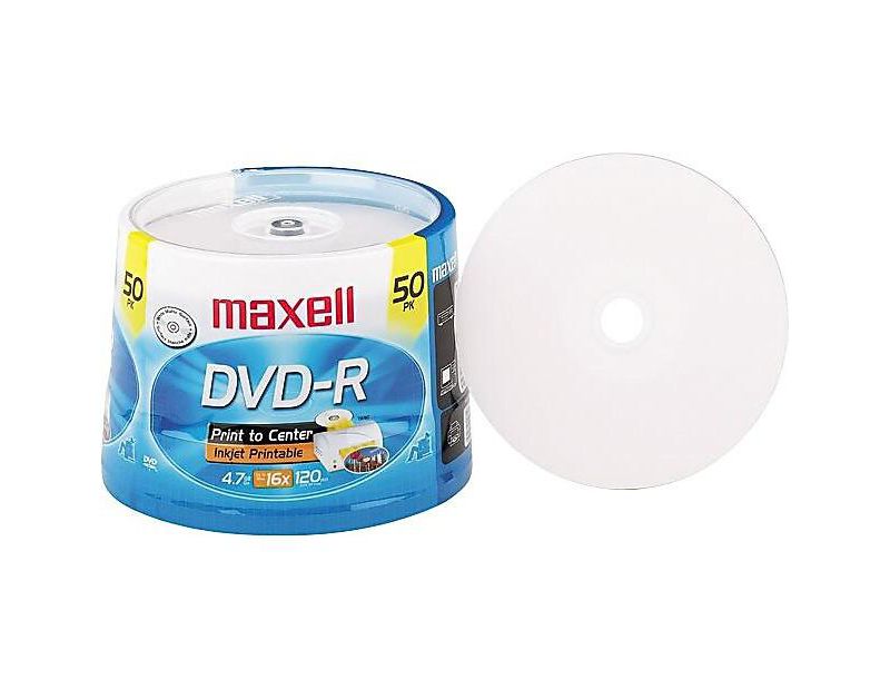 Maxell DVD-R Recordable Discs Printable 4.7GB 16x Spindle White 50/Pack 638022