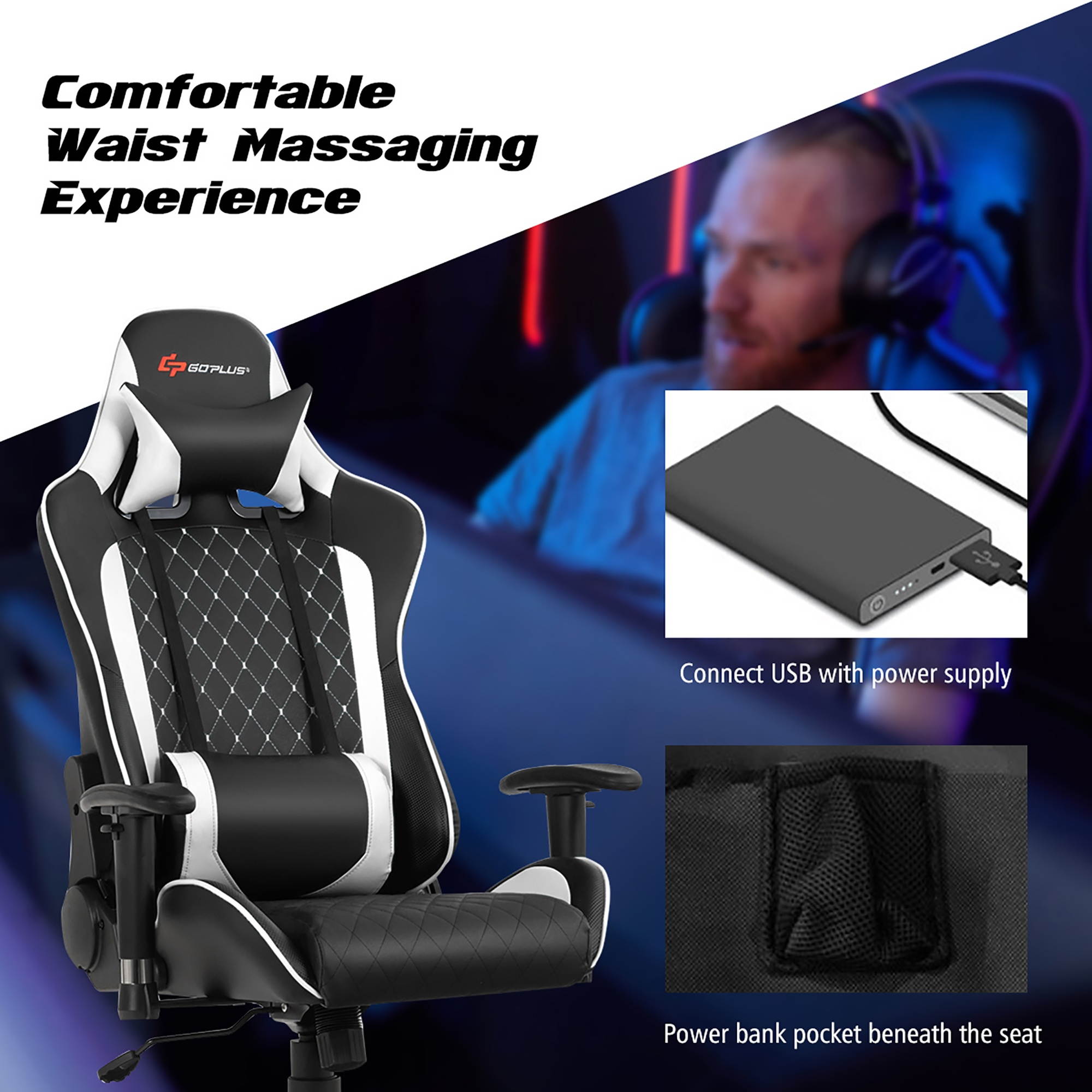 Massage Gaming Chair Reclining Racing Chair w/Lumbar Support and Headrest Blue