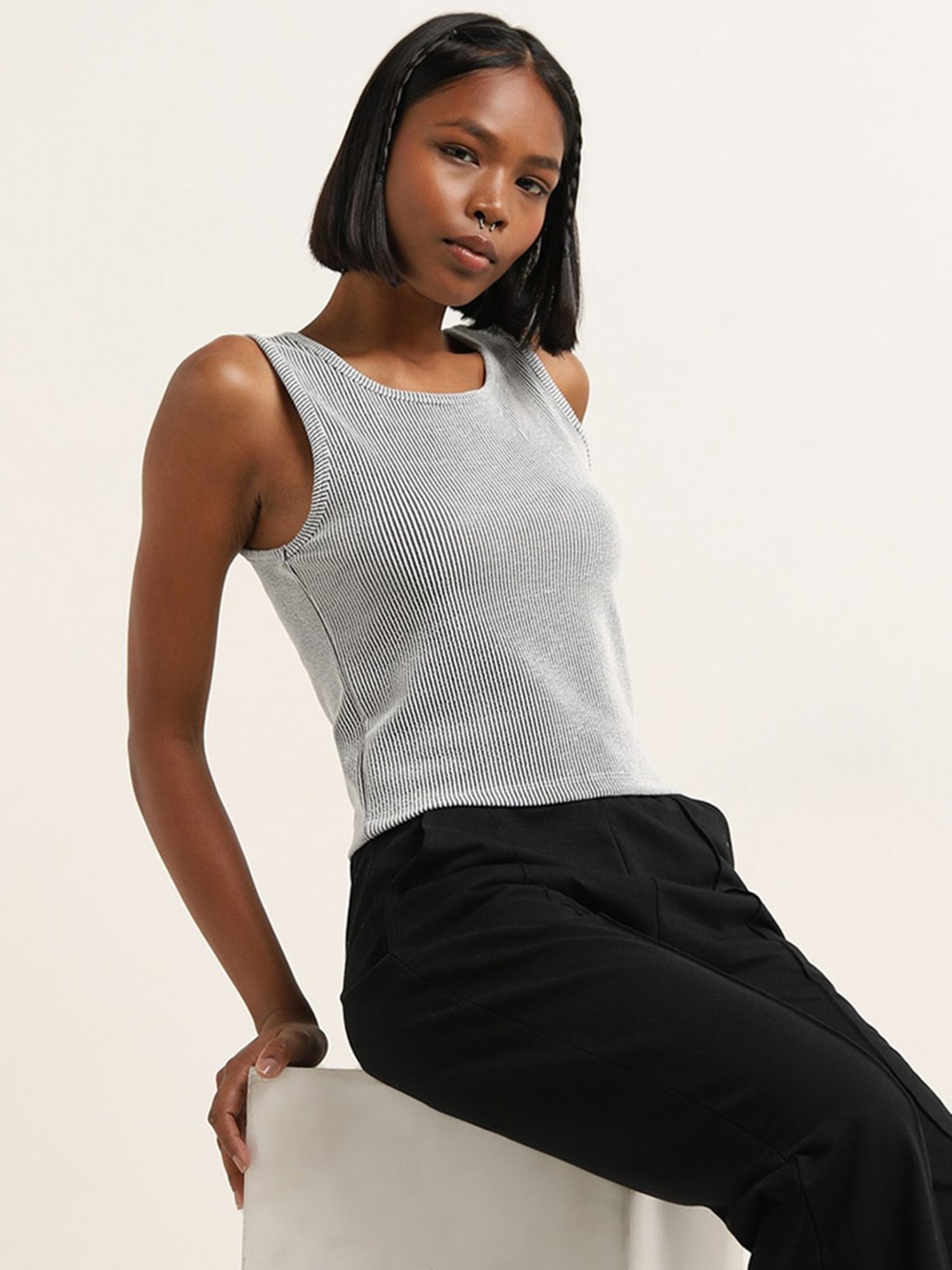 Studiofit by Westside Black & White Ribbed Cotton Top