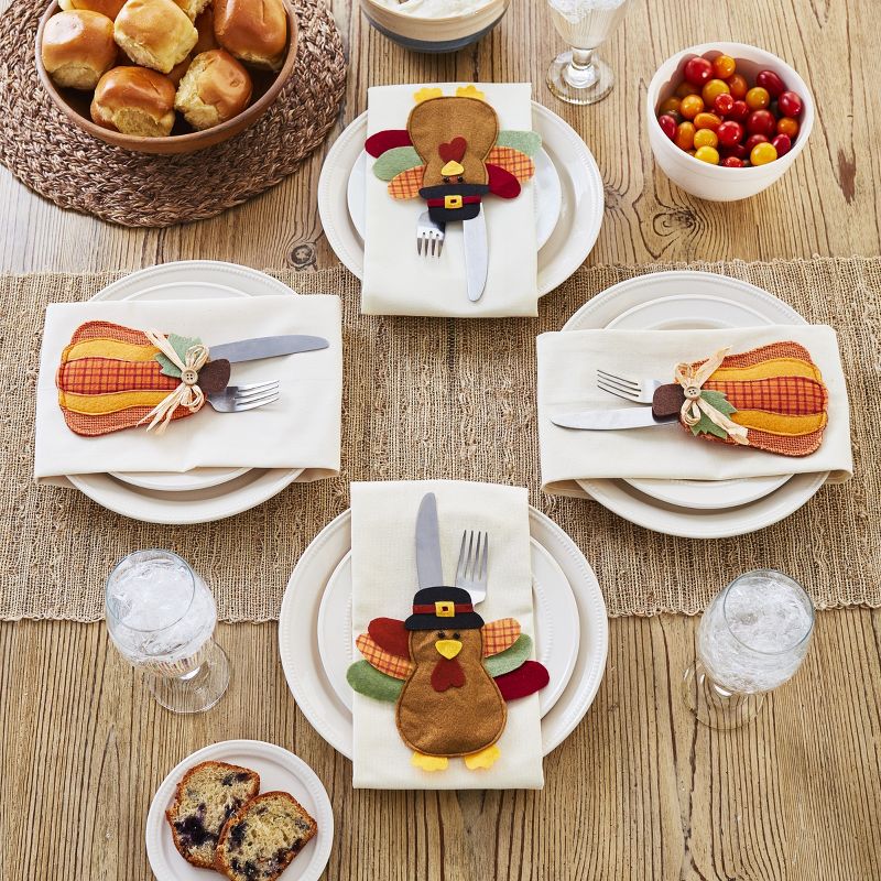 Lakeside Autumn Harvest Flatware Holders with Decorative Pumpkins and Turkeys - Set of 4