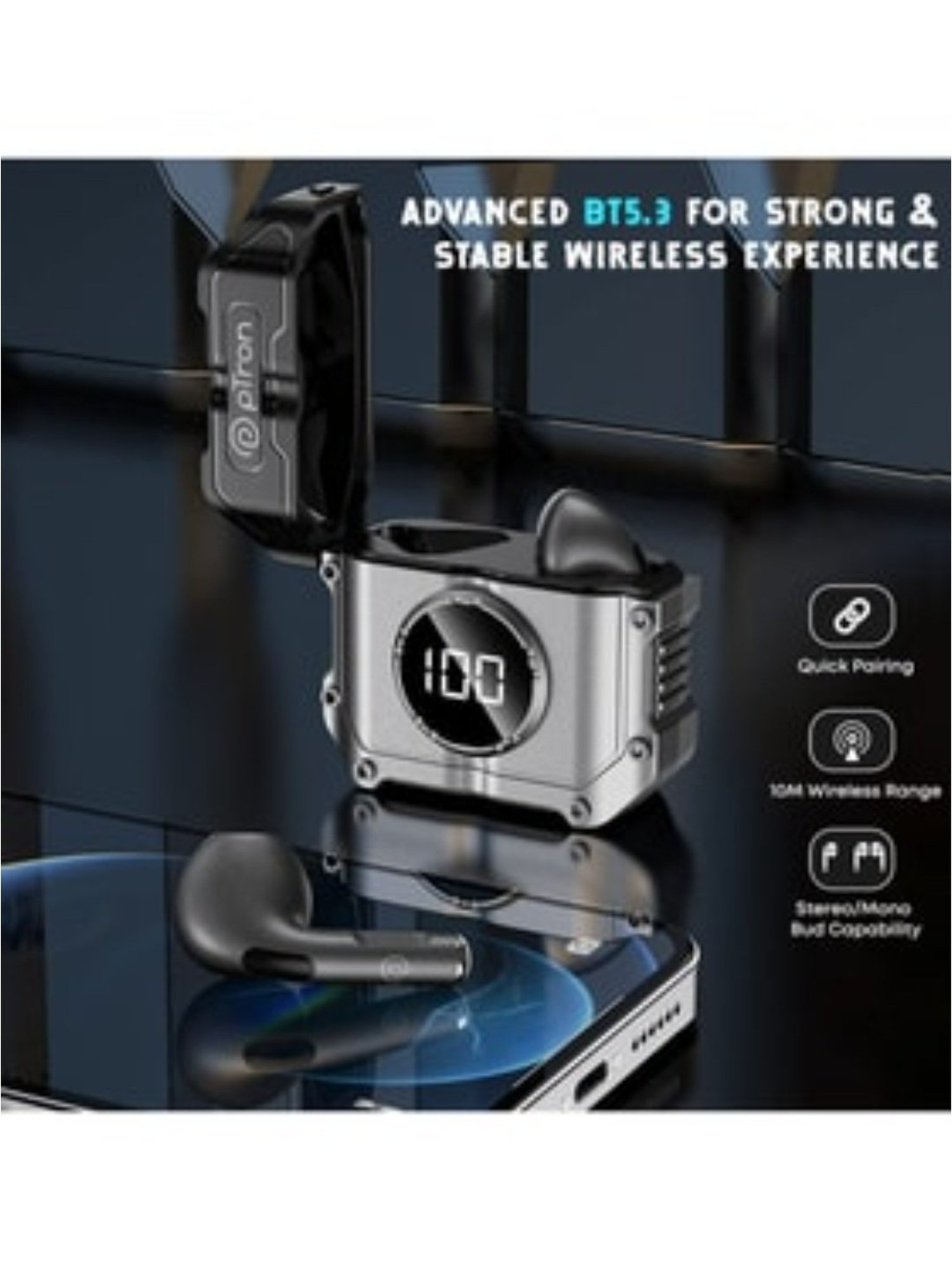 PTron Bassbuds Revv Wireless in Ear Earbuds with Mic, Type-C Fast Charging (Black)