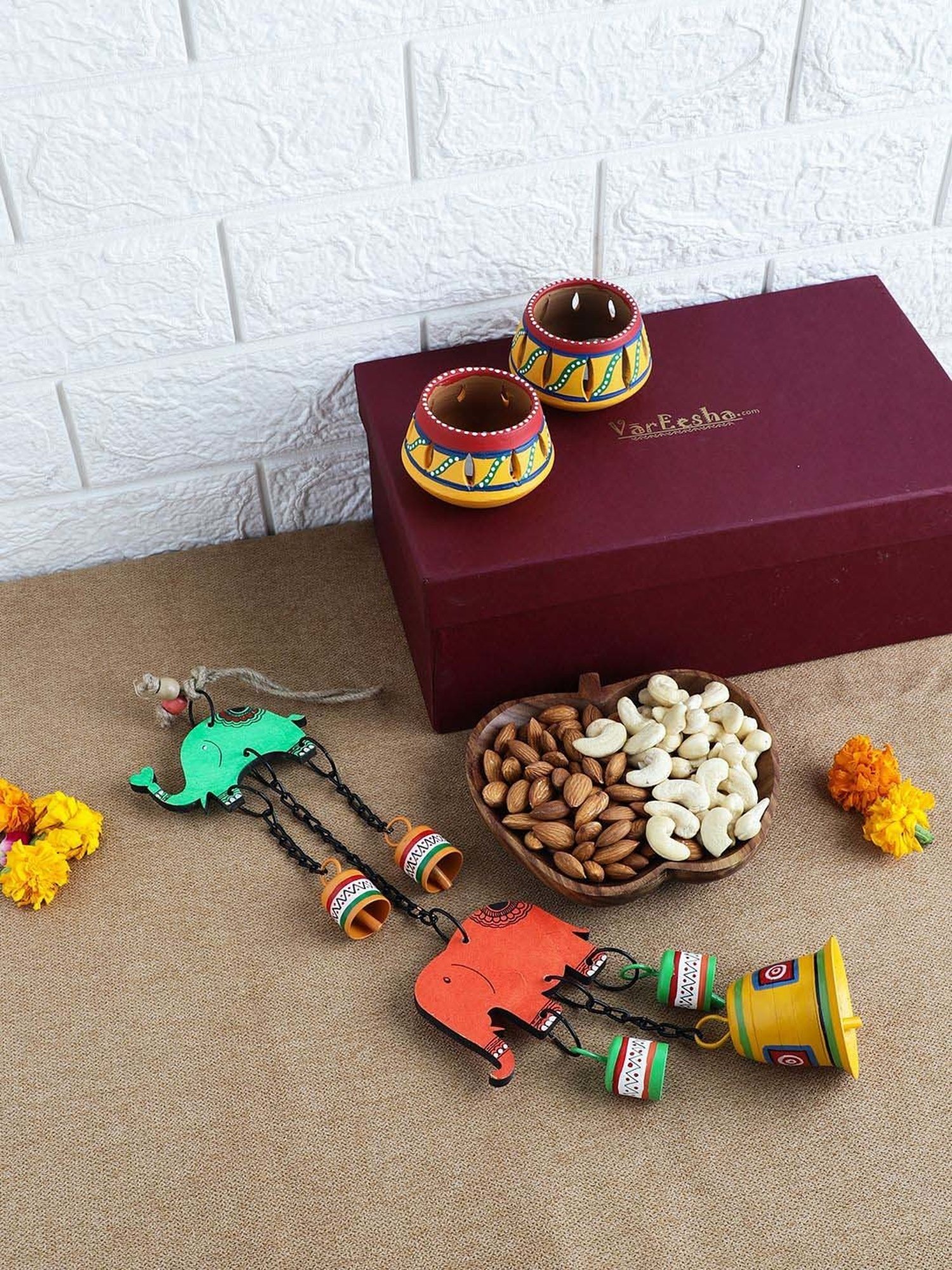 VarEesha Upahaar Multicolor Wood Wall Hanging Wind Chime with 2 Tea Light Holders