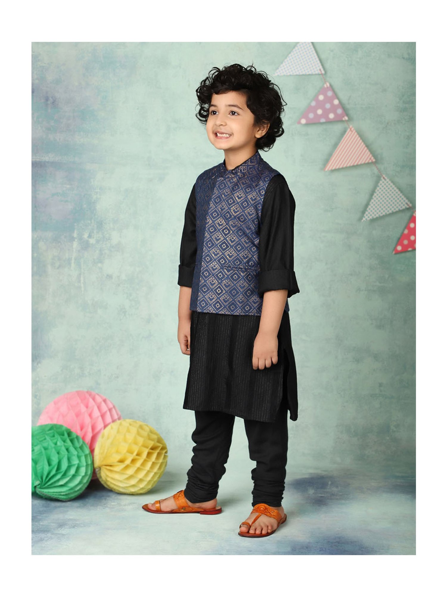 Fabindia Kids Blue Printed Nehru Jacket