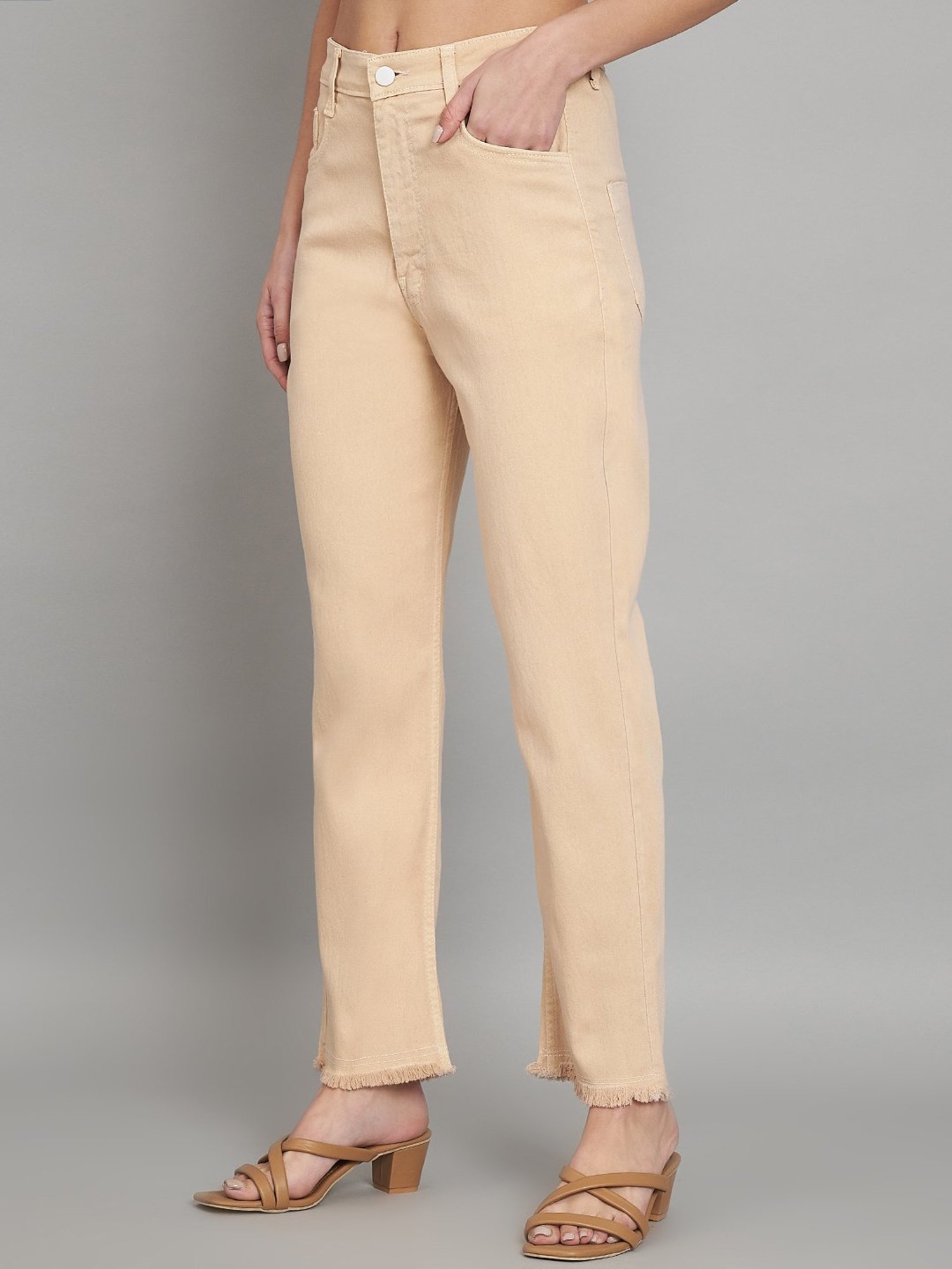 Angelfab Beige Cotton Straight Fit High Rise Jeans