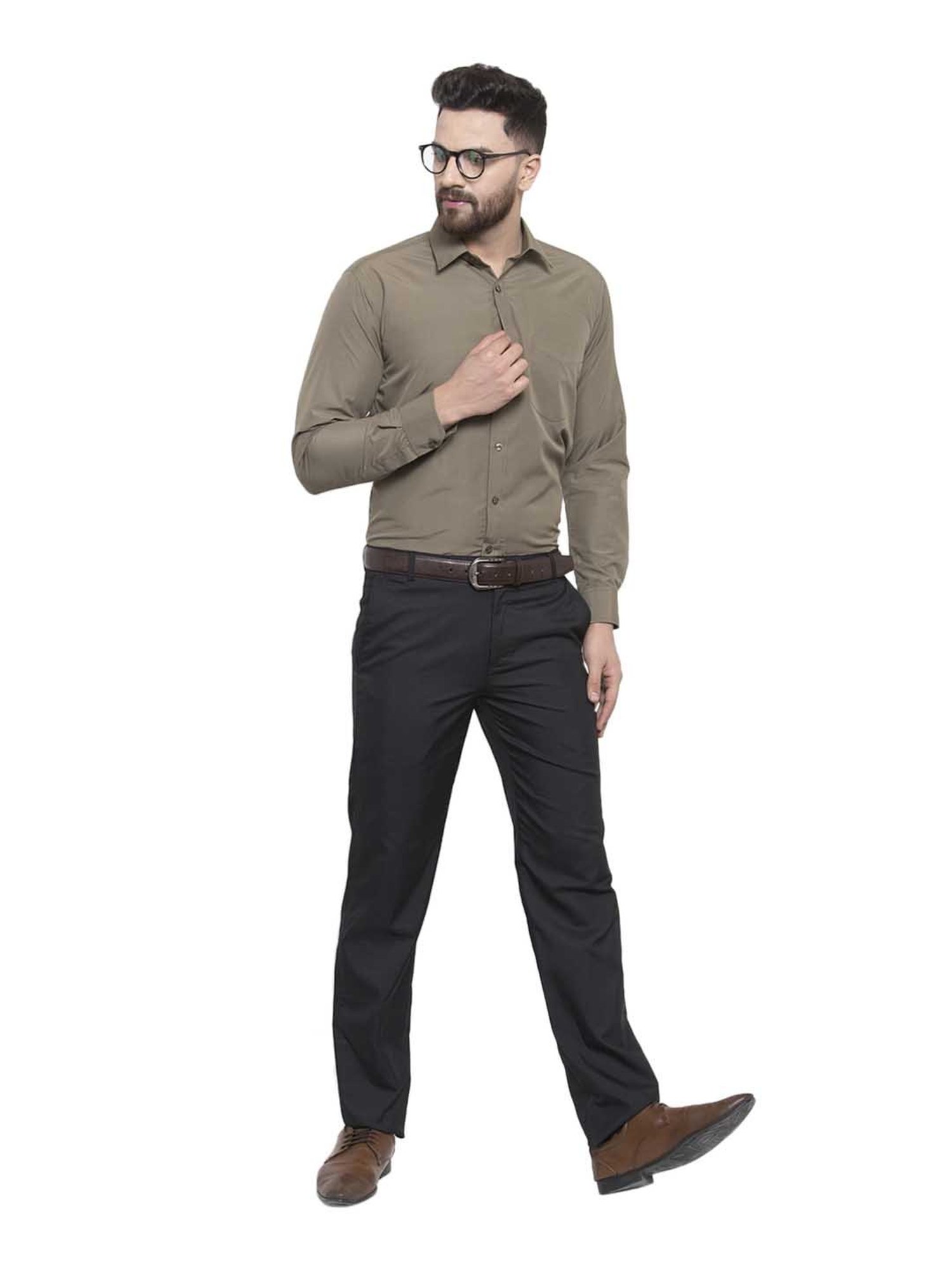 English Navy Olive Slim Fit Solid Shirt