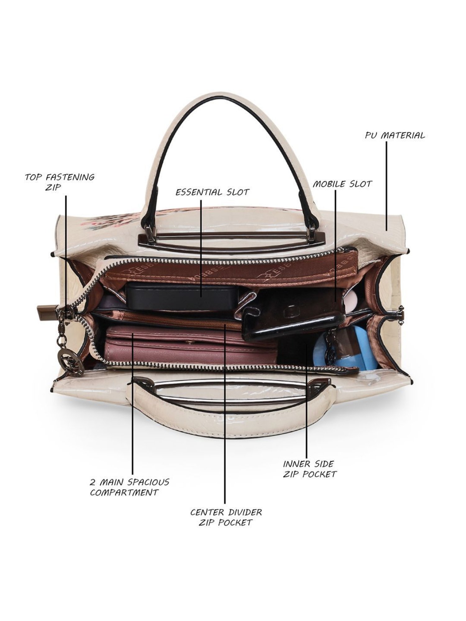 Esbeda Glossy Flower Beige PU Textured Handbag