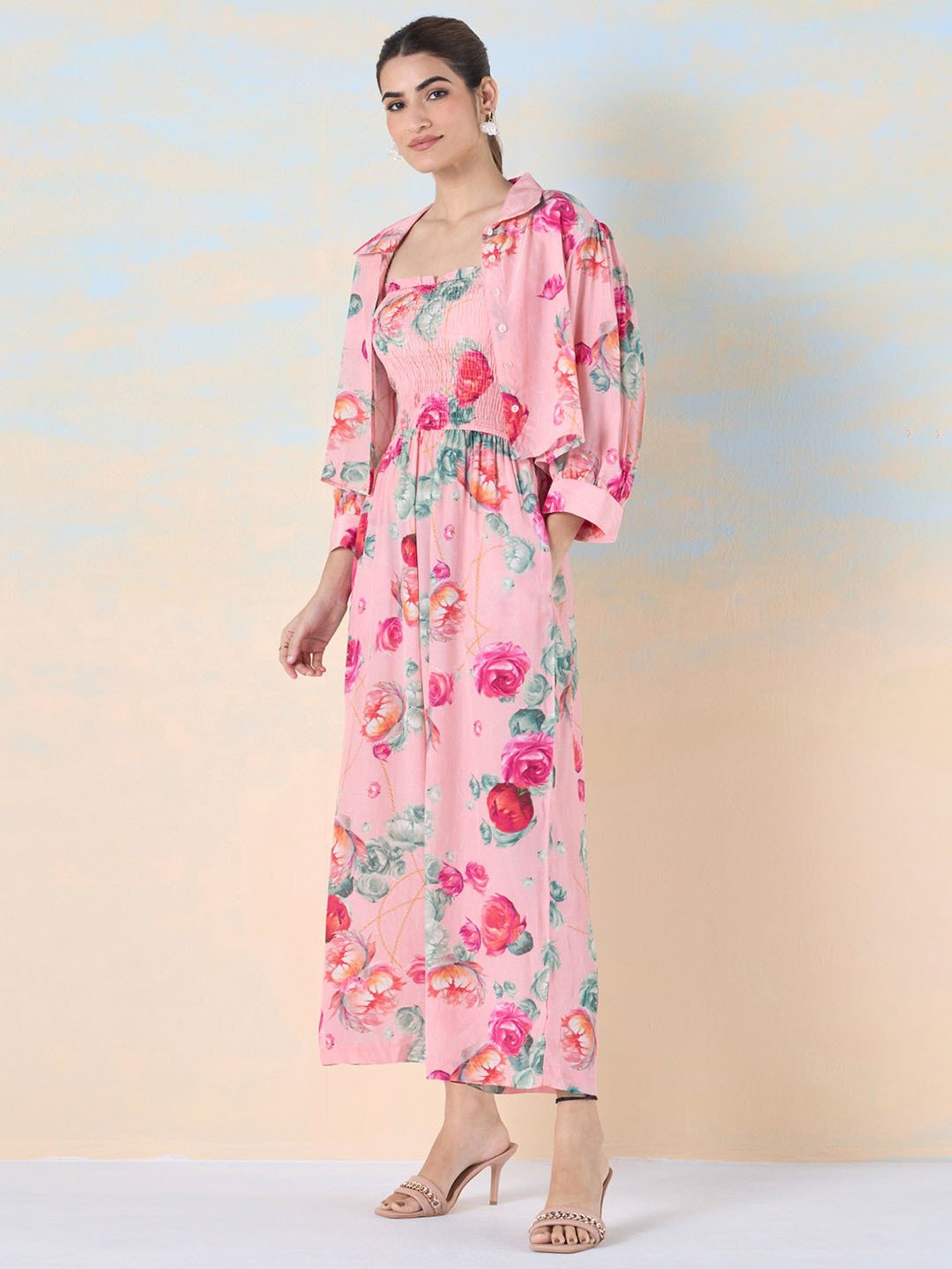 navyasa by liva Pink Floral Print Jumpsuit With Shirt