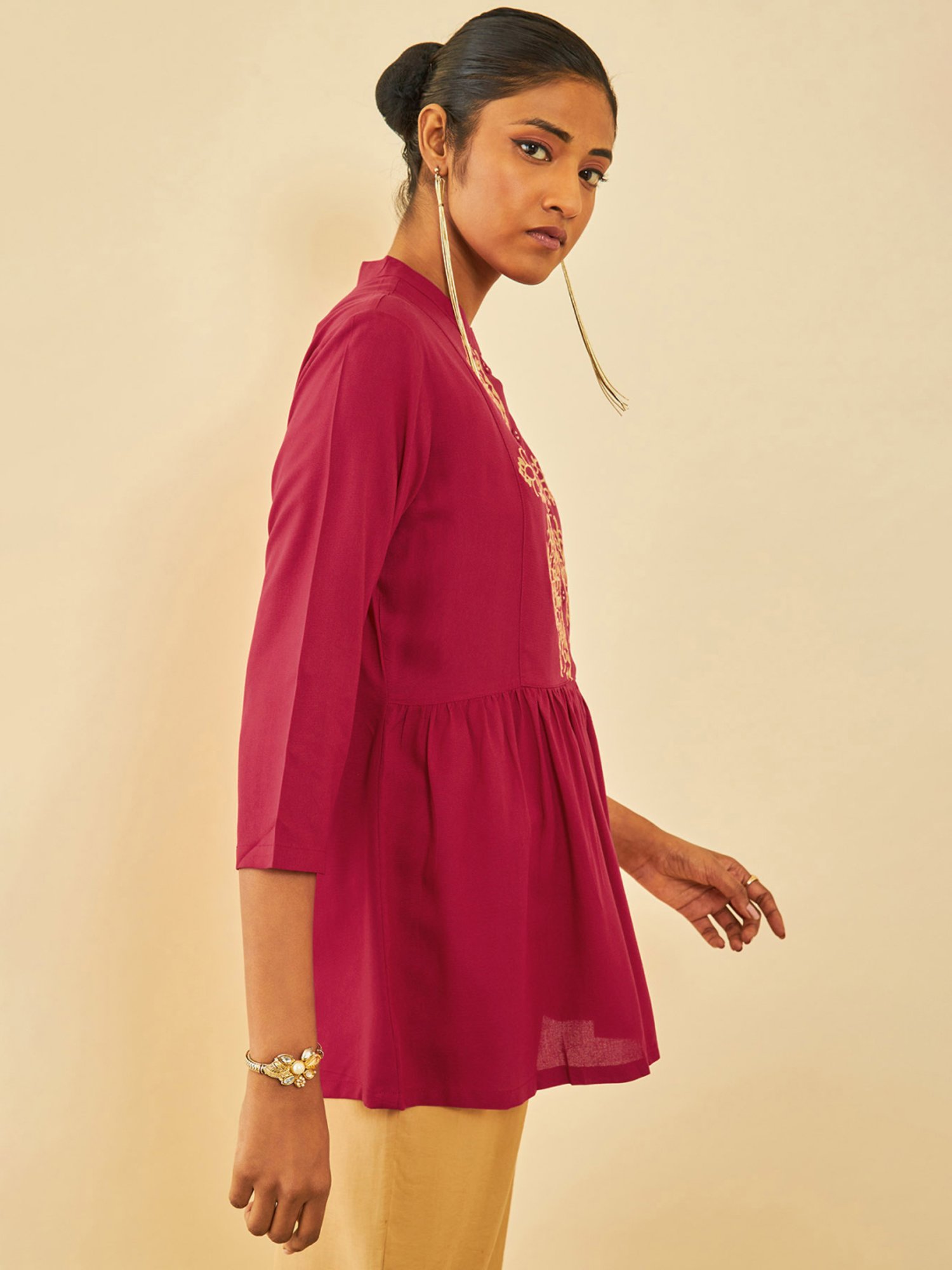 Soch Red Rayon Yoke Embroidery Tunic With Gathers